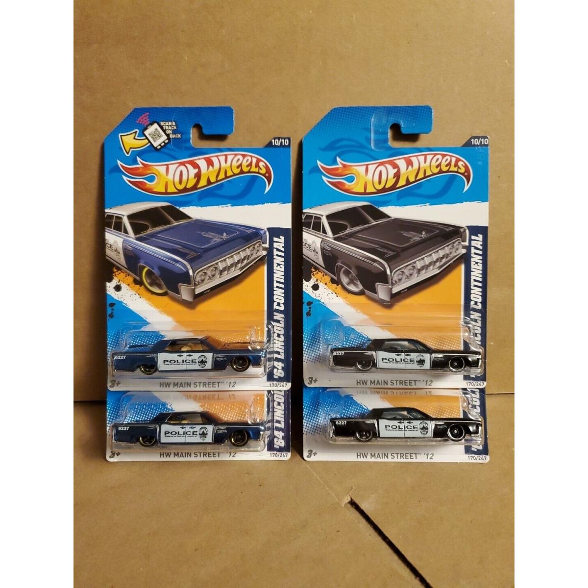 Hot Wheels Lot- 4 2012 Main Street Police `64 Lincoln Continental 2 Black 2 Blue