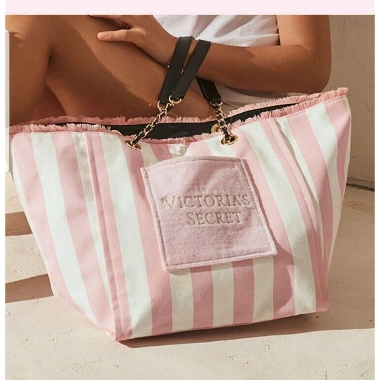 Victoria`s Secret Pink White Stripe Canvas Tote Weekender Beach Bag, 0667553434487 - Victoria's Secret bag - Black Handle/Strap, Pink Hardware,  Pink Exterior