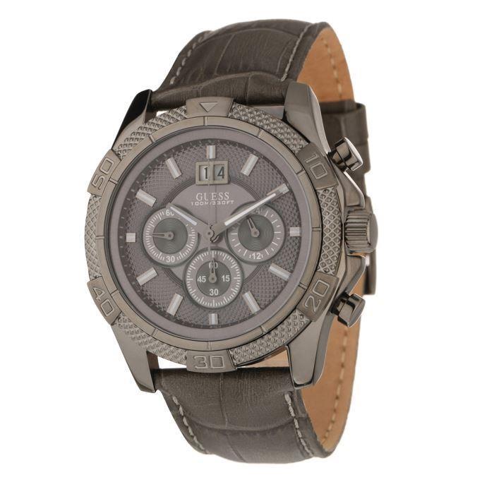 New-guess Gunmetal Tone Chronograph Gray Leather Band WATCH-W19531G1