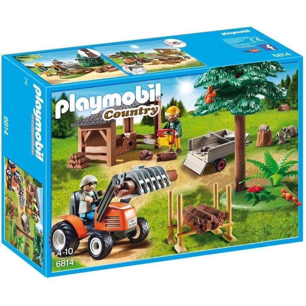 Playmobil 6814 Lumber Yard Tractor Large Tree Shed Wood Pile Raccoons F