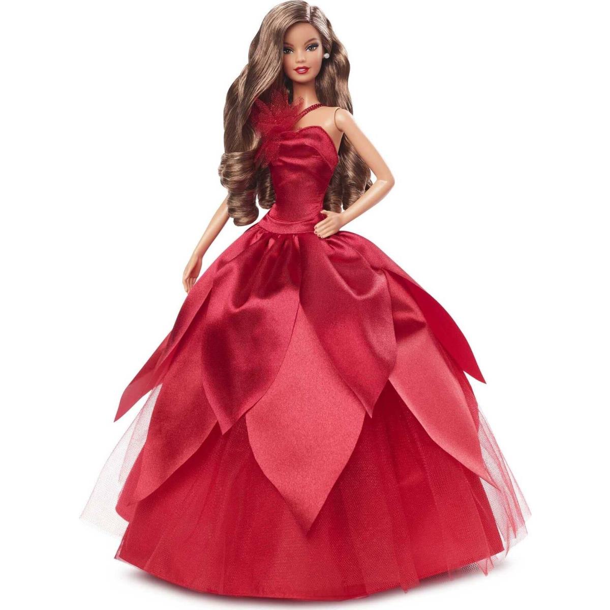 Barbie Signature 2022 Holiday Doll Light-brown Wavy Hair Wearing Red Poinsettia