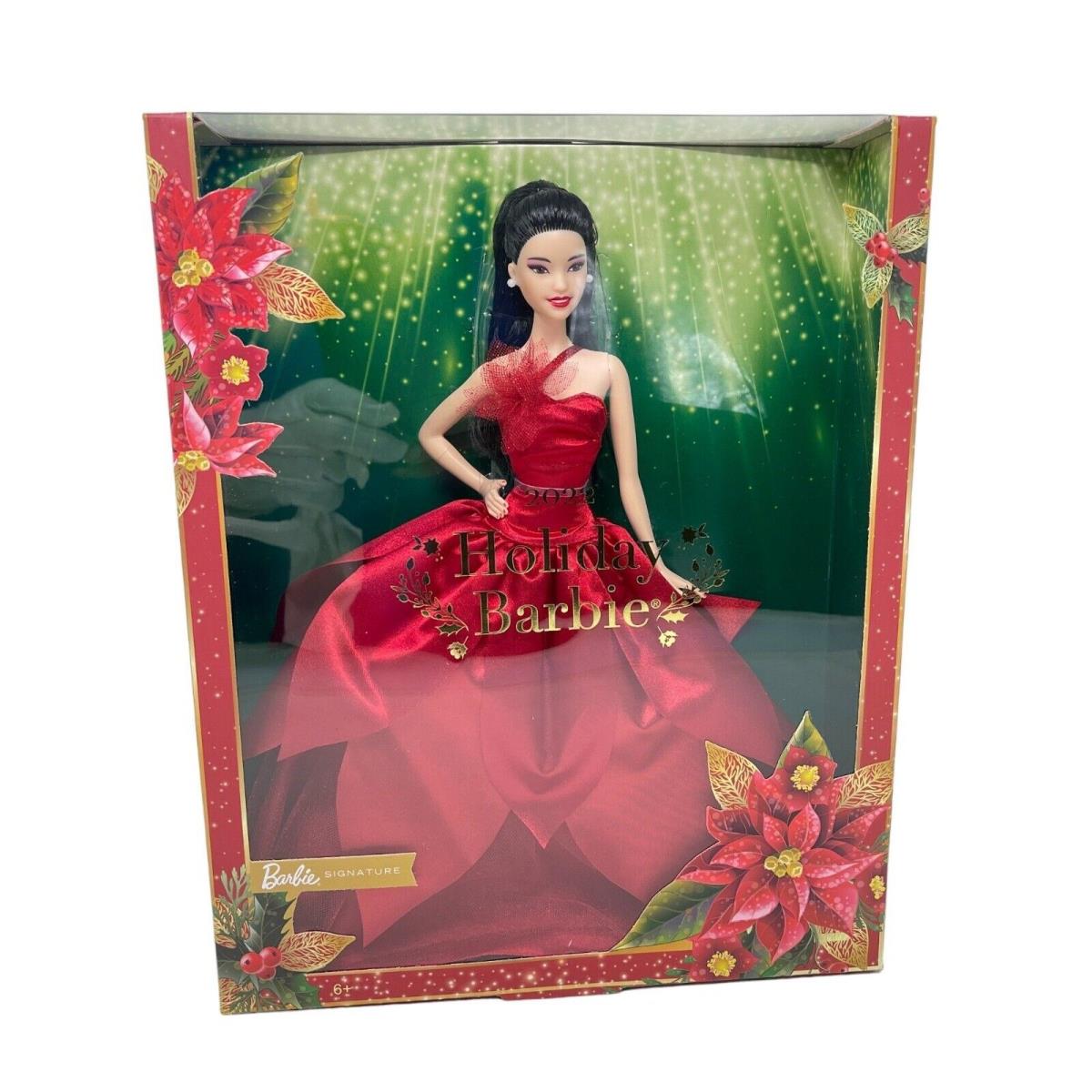 Asian Holiday Barbie Signature Doll Black Hair Red Poinsettia Gown Shoes Earring