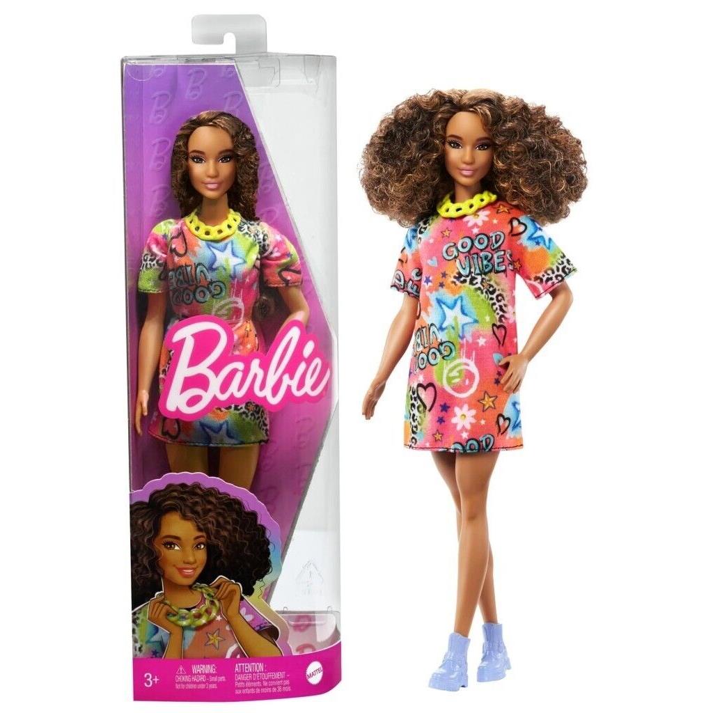 Mattel Barbie Doll Brunette with Graffiti Dress HPF77