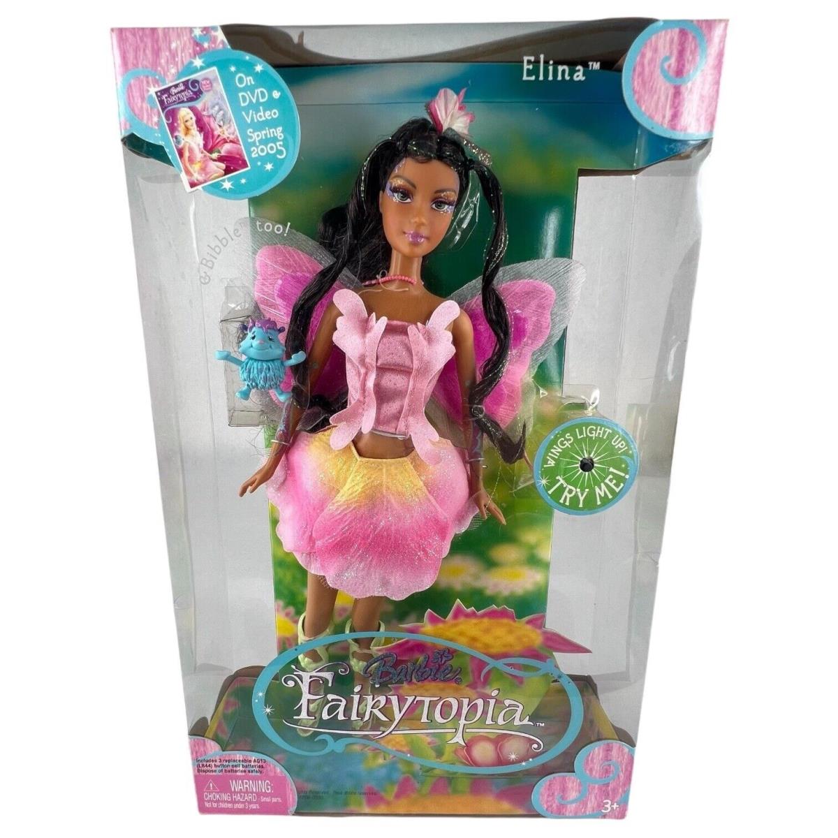 2004 Mattel Barbie Fairytopia Elina Bibble Wings Light Up Dark Hair Sk