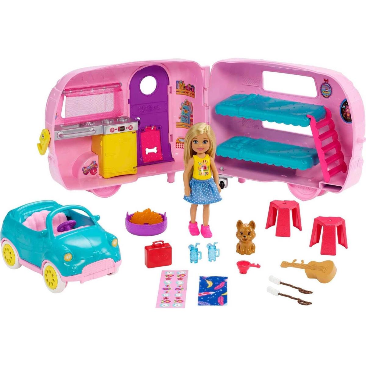 Barbie Club Chelsea Toy Car Camper Playset Blonde Chelsea Small Doll Puppy