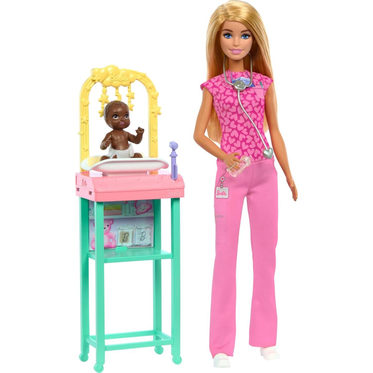 Barbie Baby Doctor Blonde Doll Wearing Pink Scrubs Baby Accessories Furniture