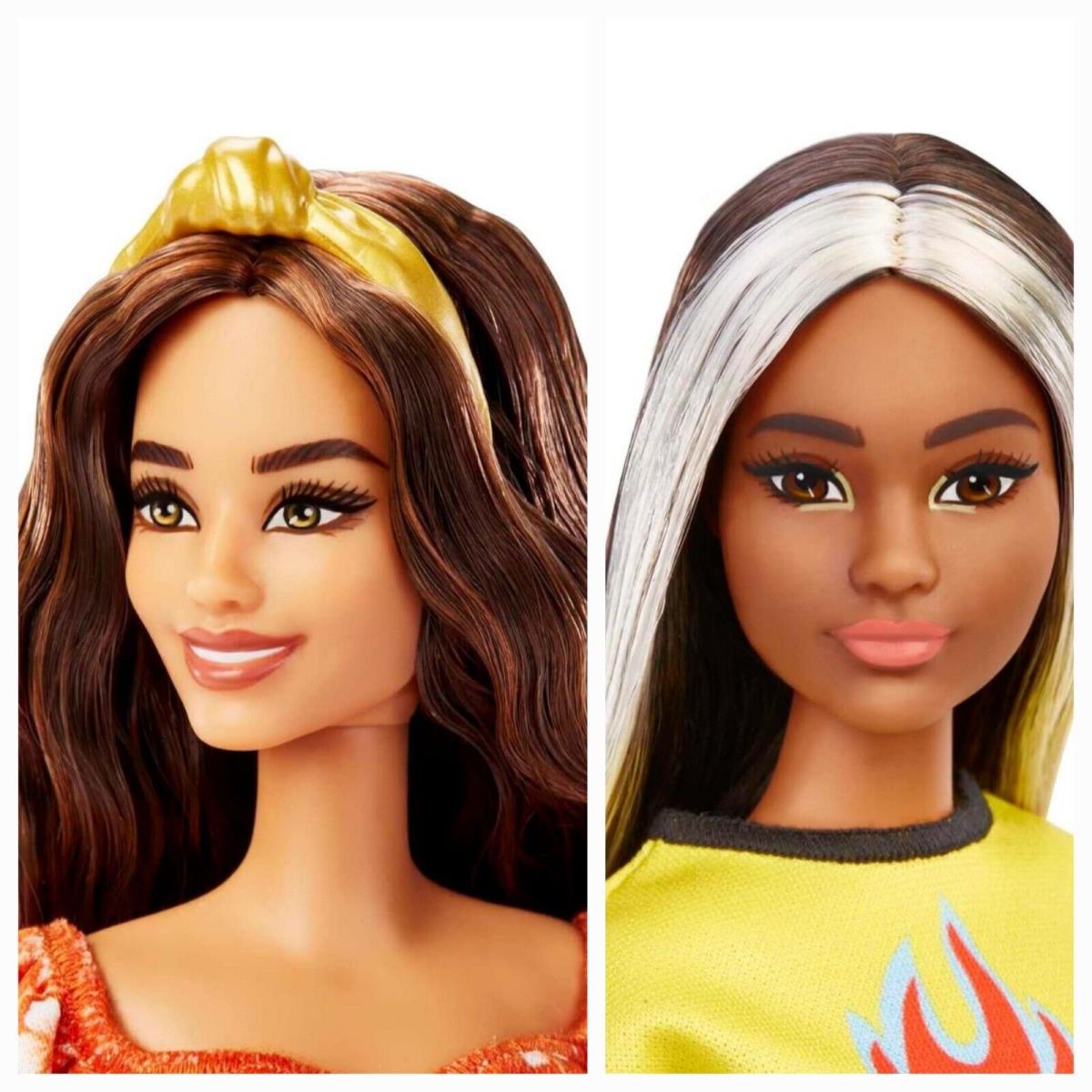 Barbie Brunette Hair Long w/ Headband Orange Flower + Flame Checker Dess Doll 2