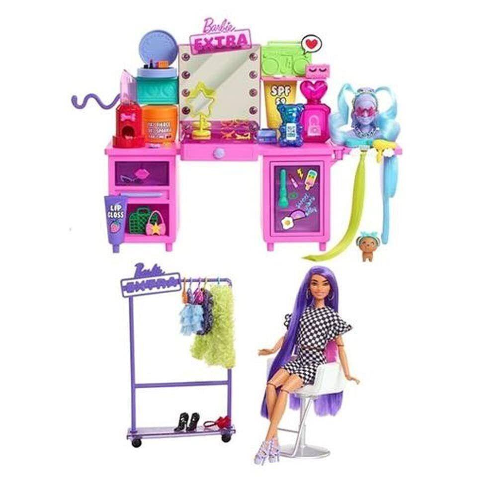 Barbie Extra Doll Vanity Playset with Exclusive Doll Pet Puppy 45+ Pieces