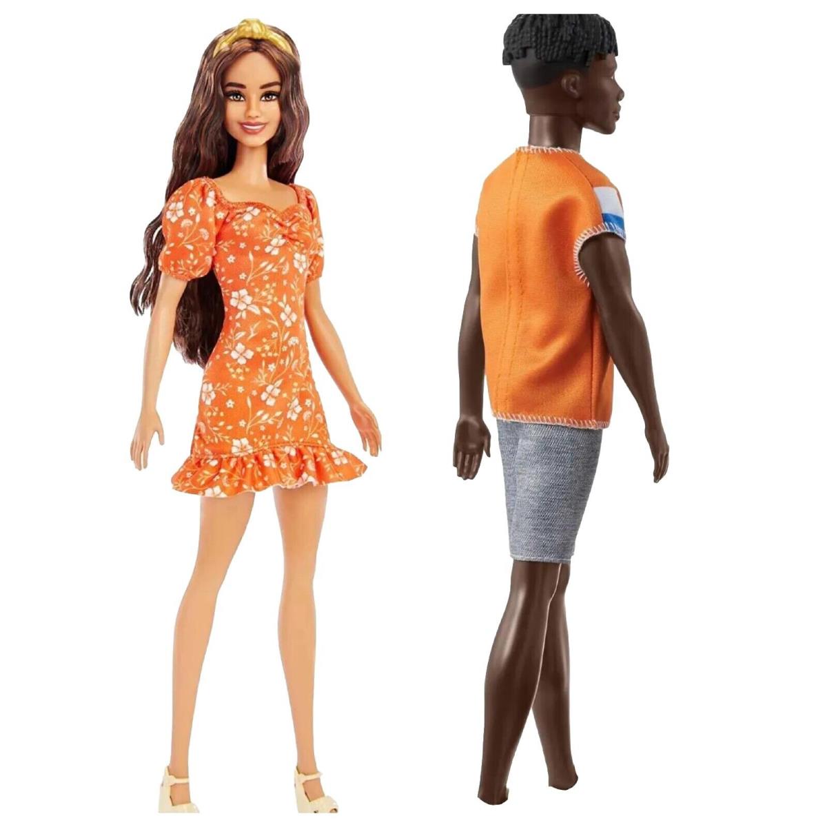 Barbie and Ken 2-Pack Hair Long Wavy Burnette+ Twisted Black Dreads Orange Tee