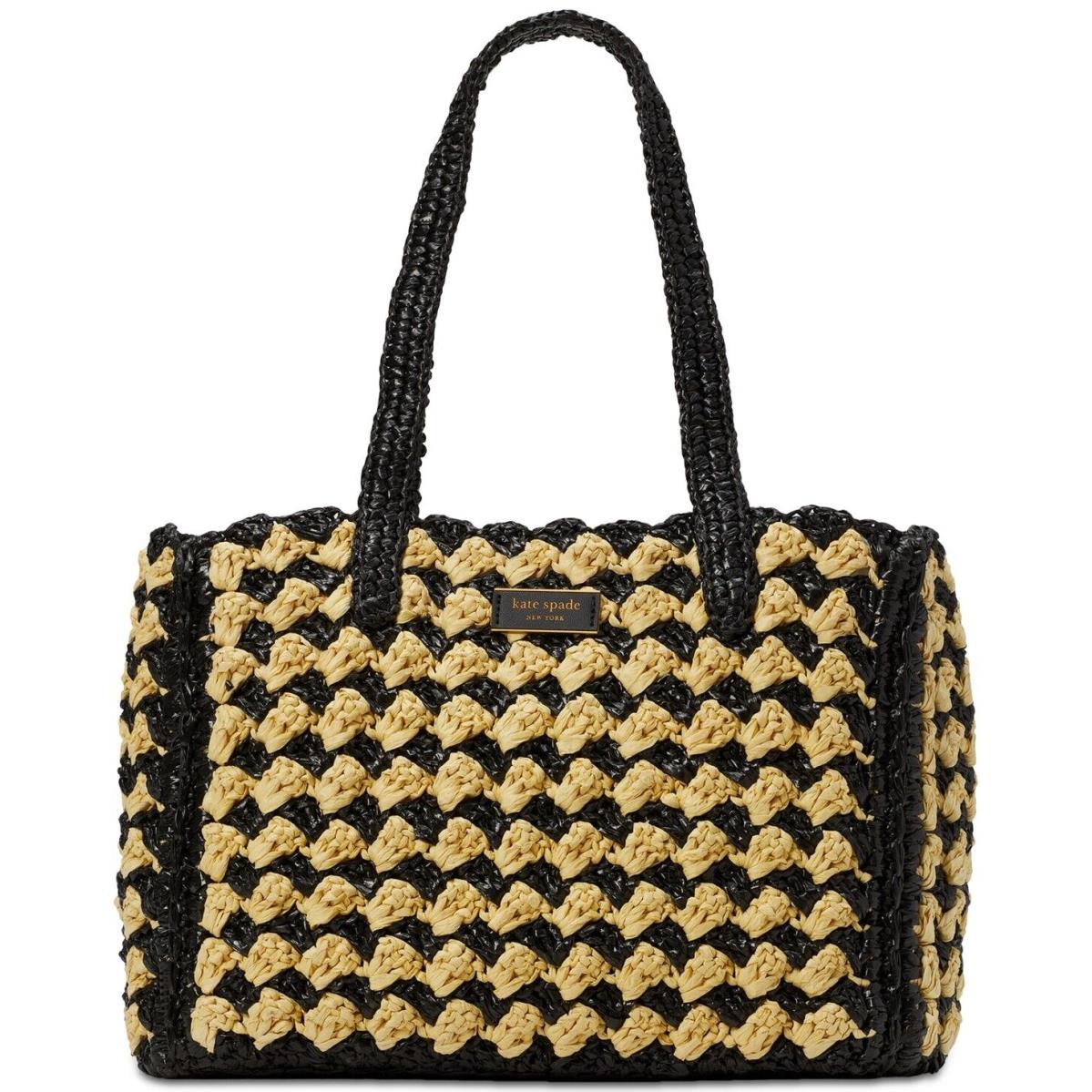 Kate Spade New York High Tide Striped Tote Bag Crochet Raffia Black Natural