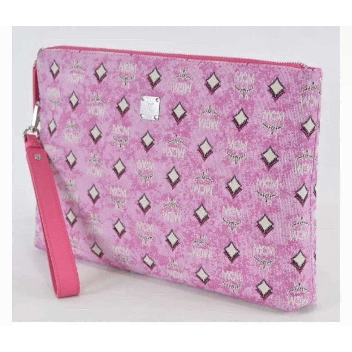 Mcm Veritas Medium Pink Denim Monogram Logo Canvas Clutch Pouch Wristlet Handbag