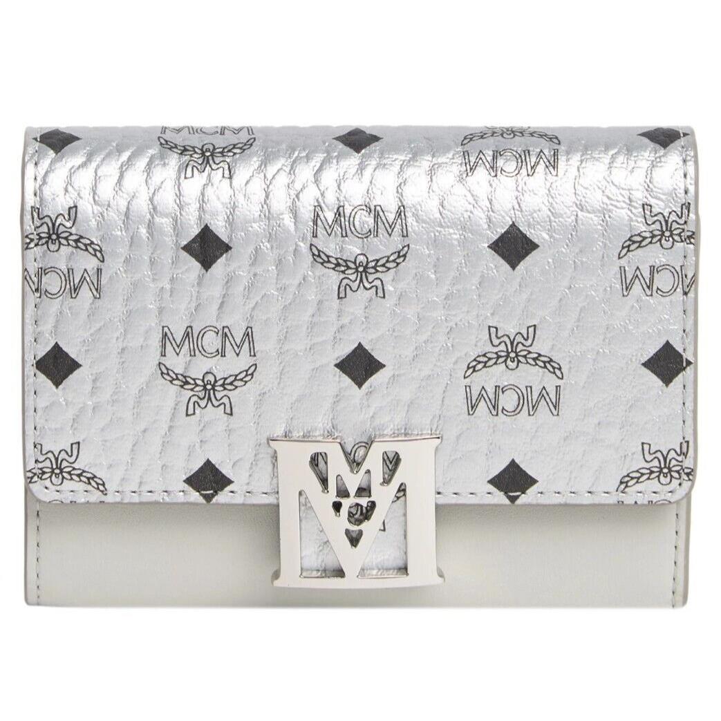 Mcm Travia Women`s Trifold Small Wallet in Silver Leather Visetos Mix