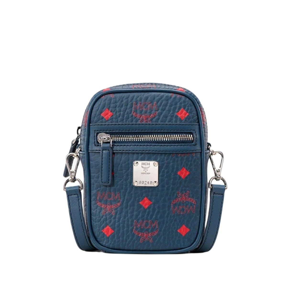 Mcm Women`s Deep Blue Visetos Red Logo Small Crossbody Bag