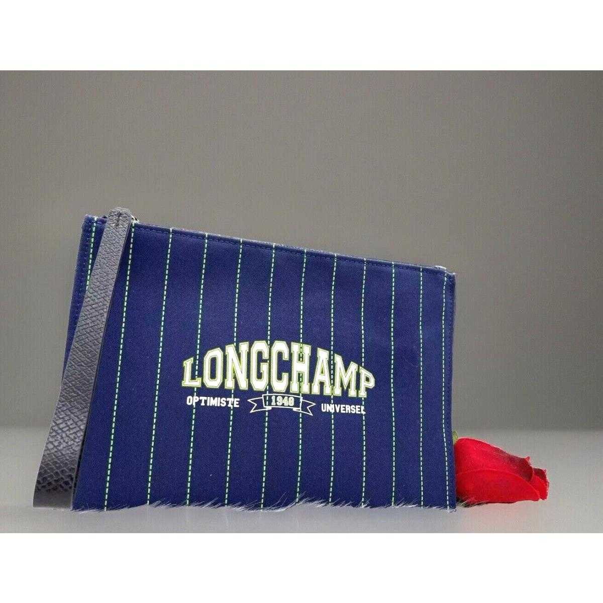 Nwot Longchamp Essential University Stripe Flat Wristlet Pouch Clutch-navy