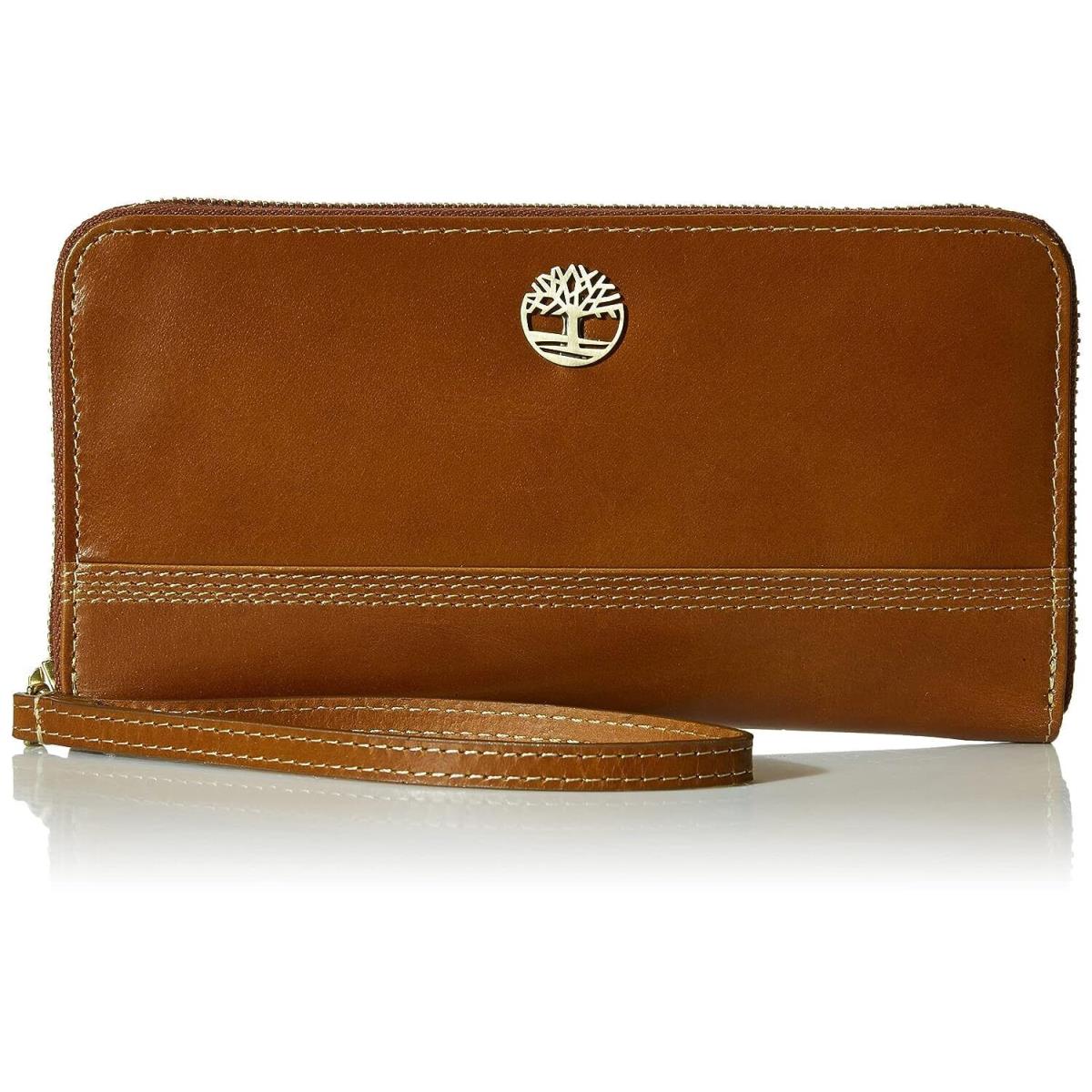 Timberland Leather Rfid Zip Around Wallet Clutch with Wristlet Strap Cognac