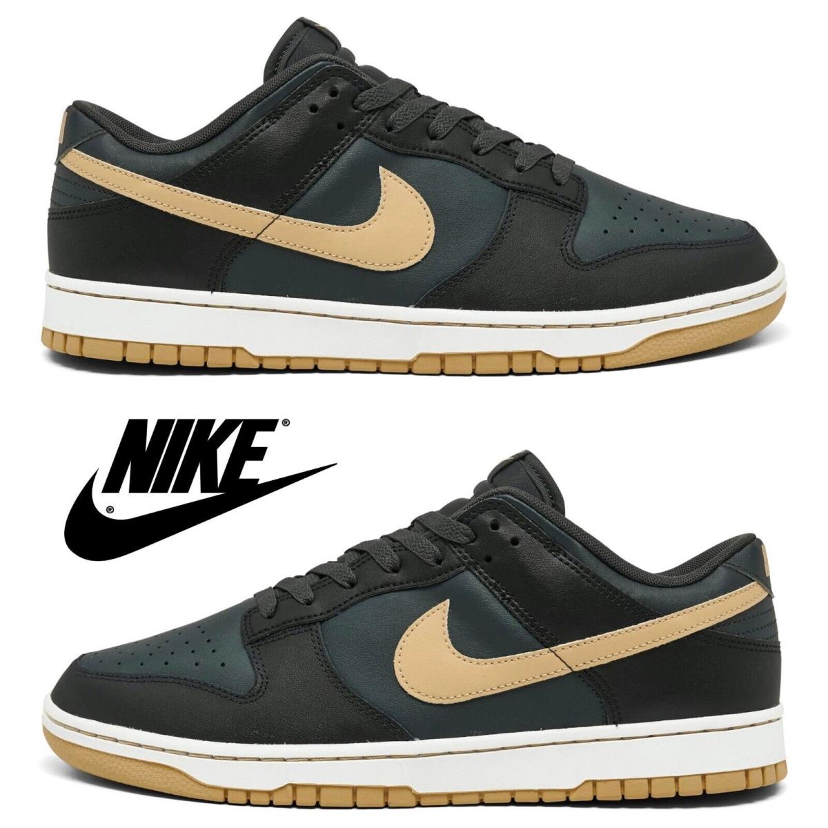 Nike Men`s Dunk Low Retro Casual Shoes Premium Comfort Sport Leather Sneakers - Black, Manufacturer: Black/Midnight Navy/Tan