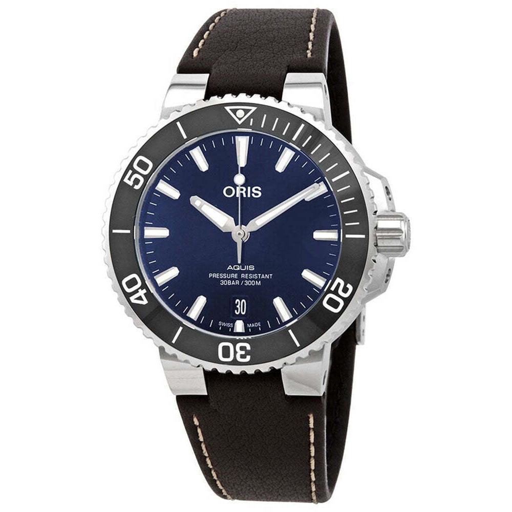 Oris Aquis Date Automatic Blue Dial Rubber Divers Mens Watch 733 7732 4135-LS - Dial: Blue, Band: Brown, Bezel: Black