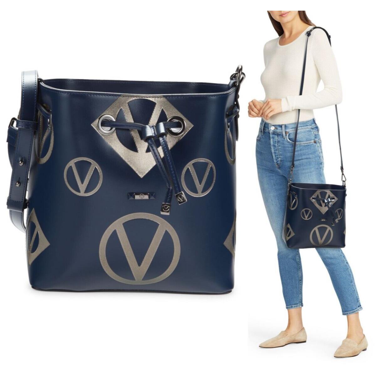 Valentino by Mario Valentino Logo Leather Bucket Crossbody Shoulder Bag Blue