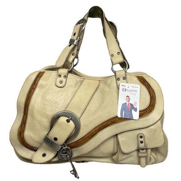 Christian Dior Ivory Brown Dual Saddle Shoulder Satchel Zip Snap Flap Purse Tote