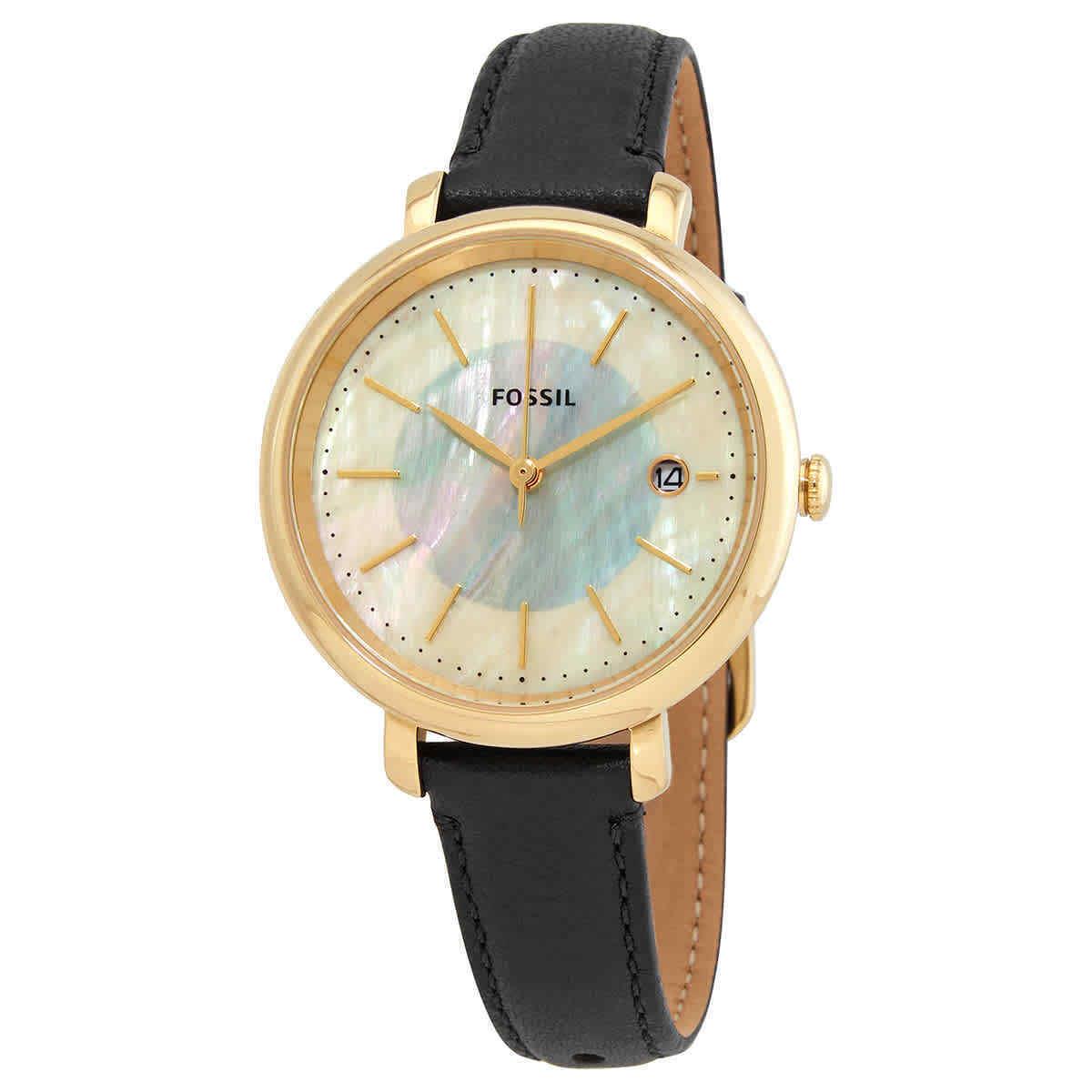 Fossil Jacqueline Quartz Mop Dial Ladies Watch ES5093 - Dial: Mother of Pearl, Band: Black, Bezel: Gold-tone