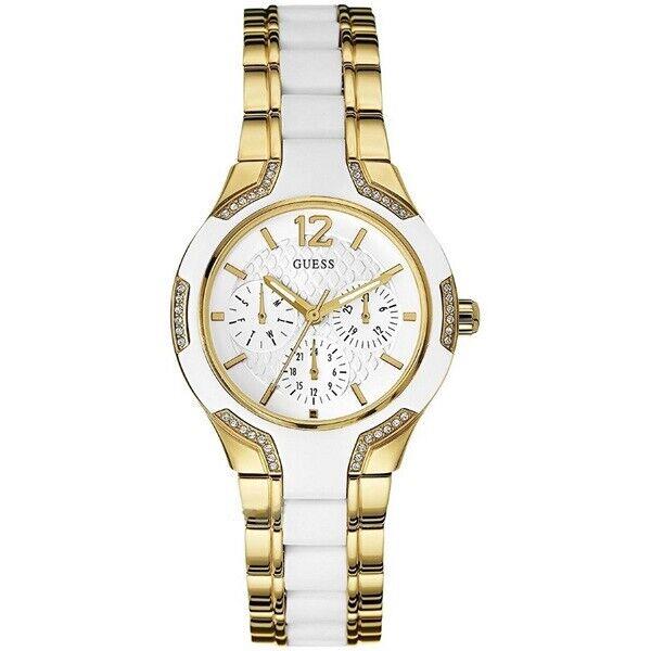 Guess Gold S/steel+white Silicone 2 Tone Pave Bracelet WATCH-U0556L2