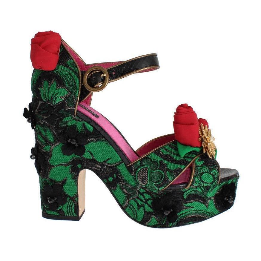 Dolce Gabbana Green Brocade Snakeskin Roses Crystal Shoes