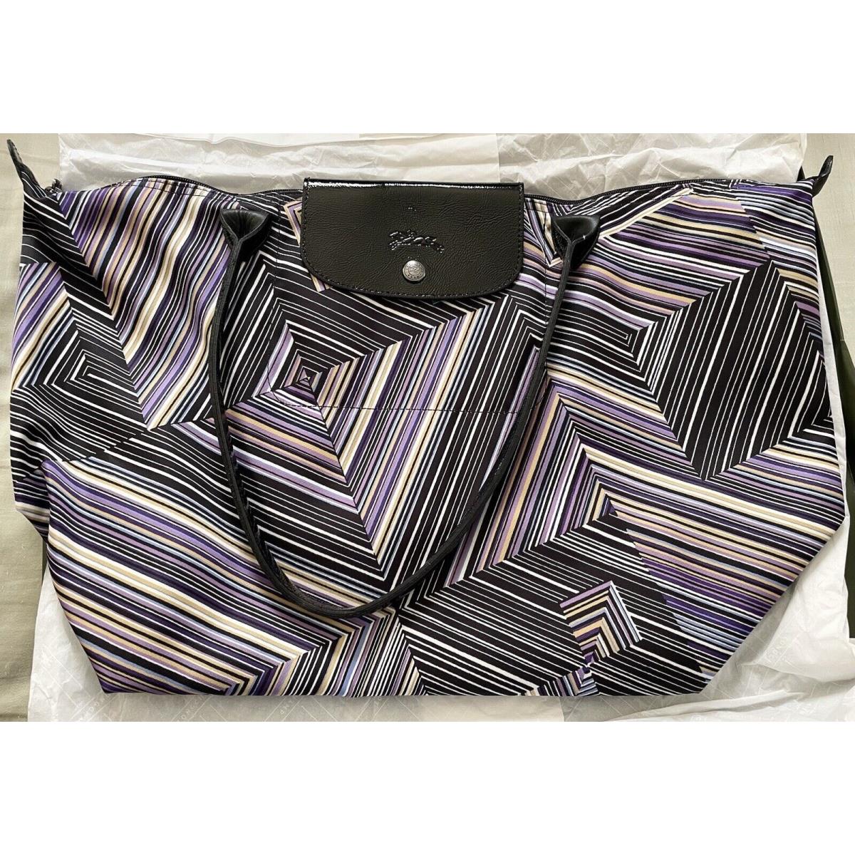 Longchamp Op Art Pliage Limited Edition Purple Striped Tote Bag