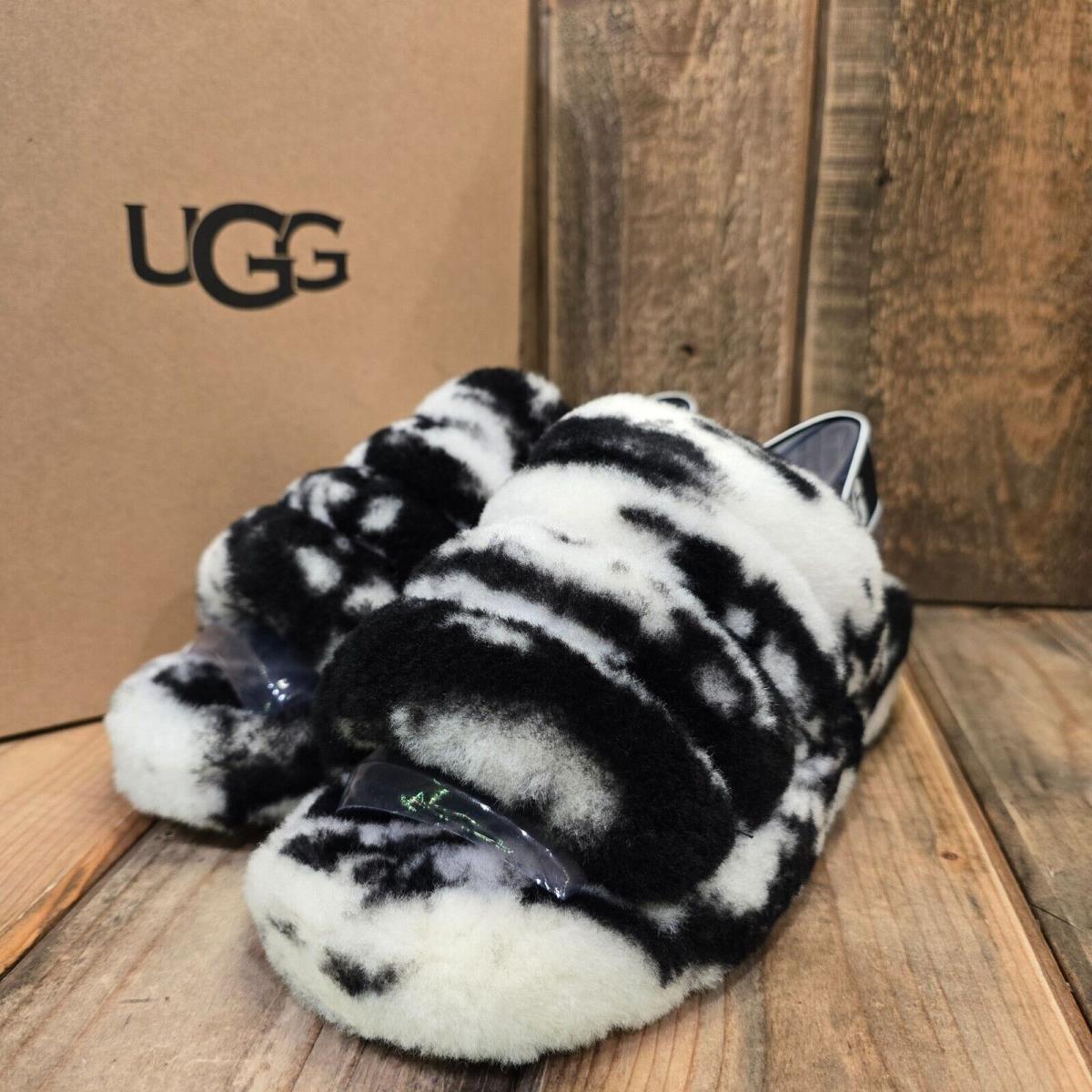 Ugg Fluff Yeah Slide Womens US 6 Marble Wool Slipper Sandal Black/white