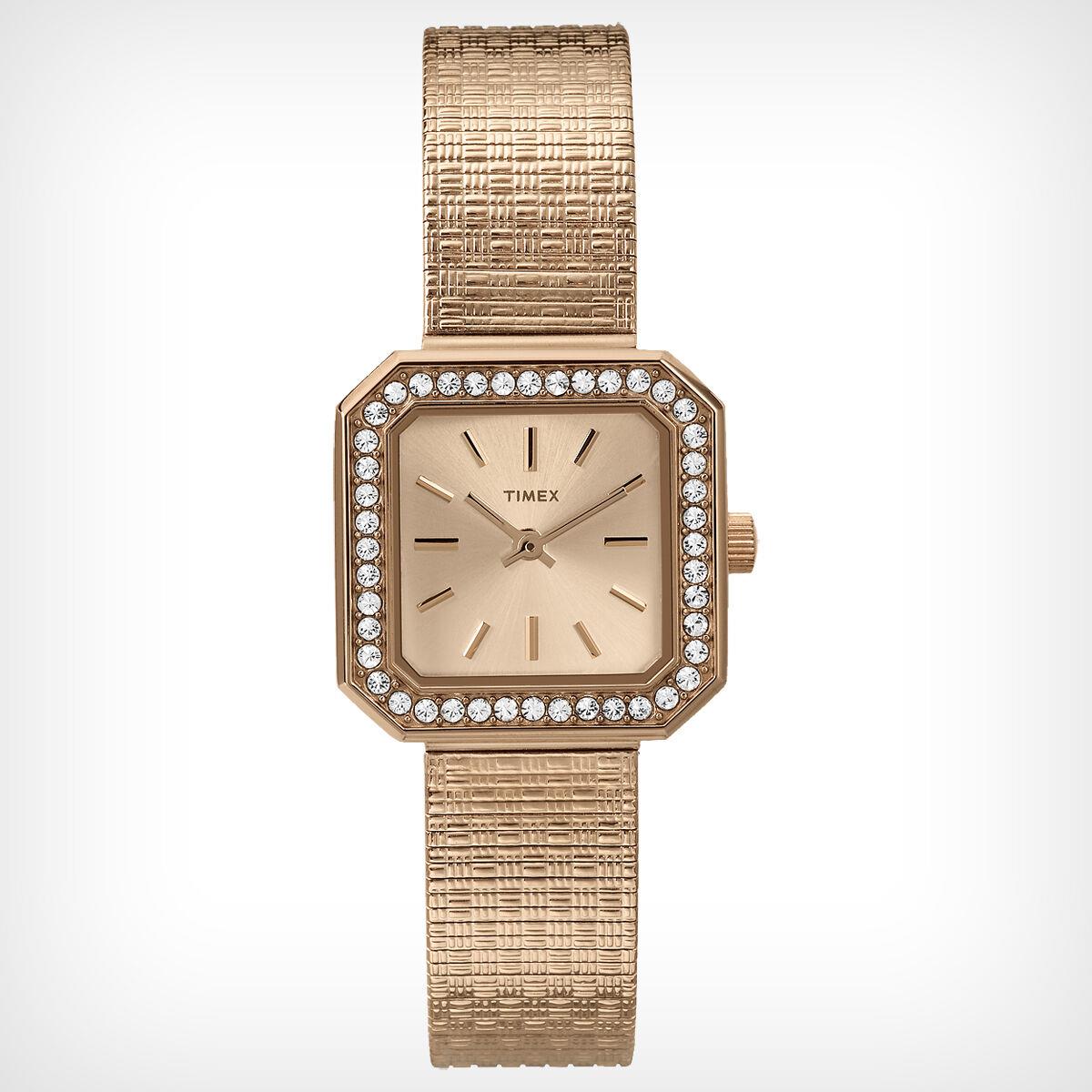 New-timex Rose Gold Tone Mesh Band Crystal Bezel Square Small Dial WATCH-T2P551