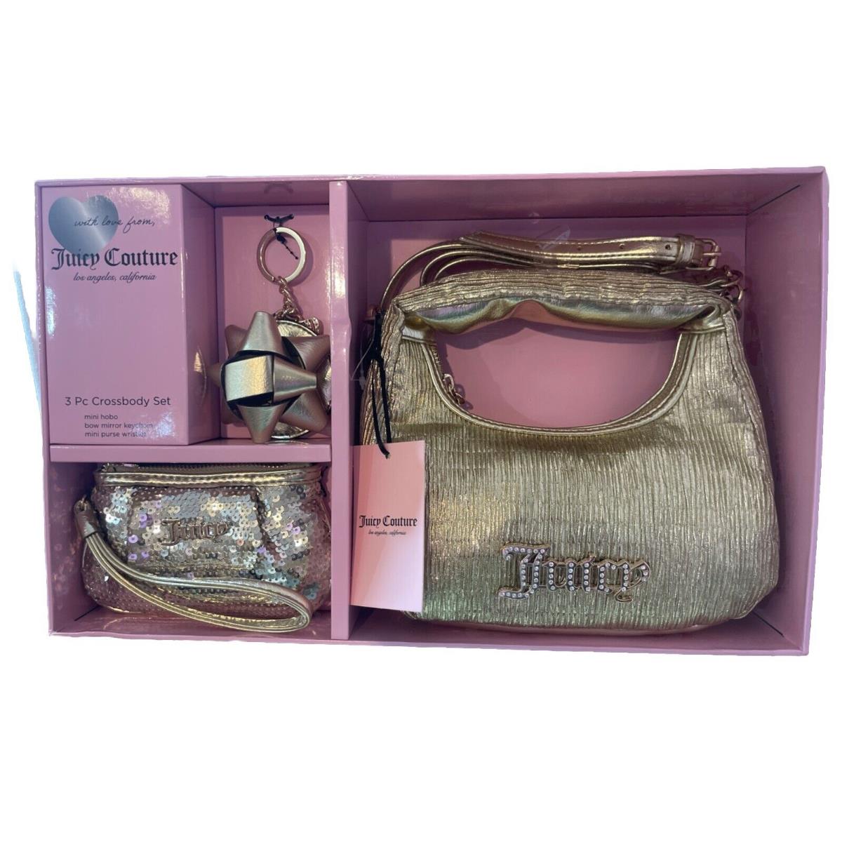 Juicy Couture 3 Pc Crossbody Set Gold Hobo Bag Mirror and Wristlet