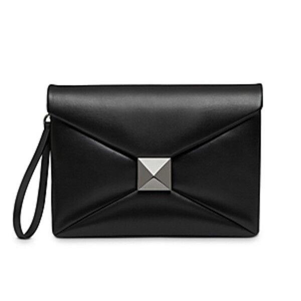 Valentino Garavani Leather Clutch Unisex Black Snap Closure with Ruthenium Stud