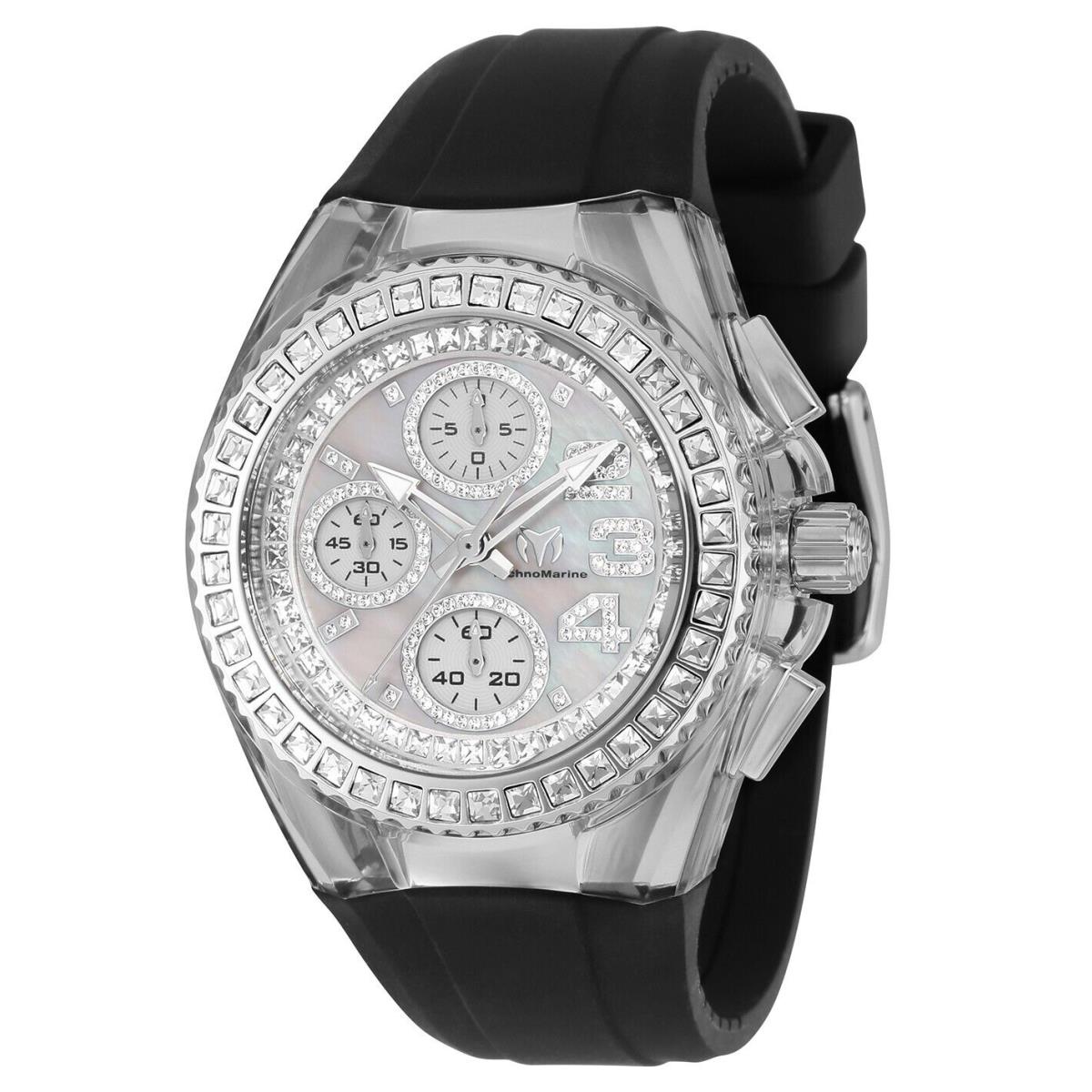 Technomarine Women`s TM-121055 Cruise Glitz Silver with Stones and Black Strap - Dial: White, Band: Black, Bezel: Silver