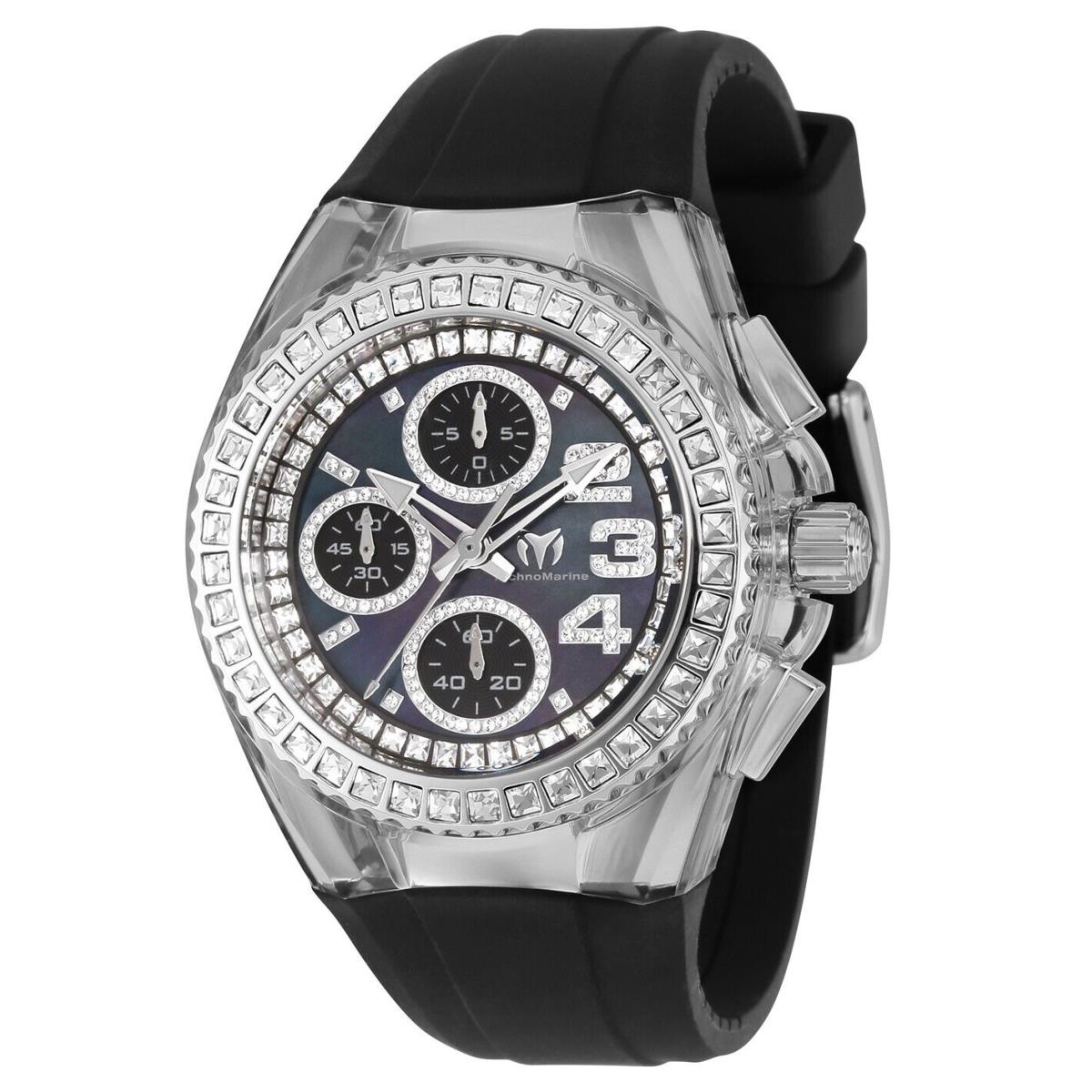 Technomarine Women`s TM-121054 Cruise Glitz Silver with Stones and Black Dial - Dial: Black, Band: Black, Bezel: Silver