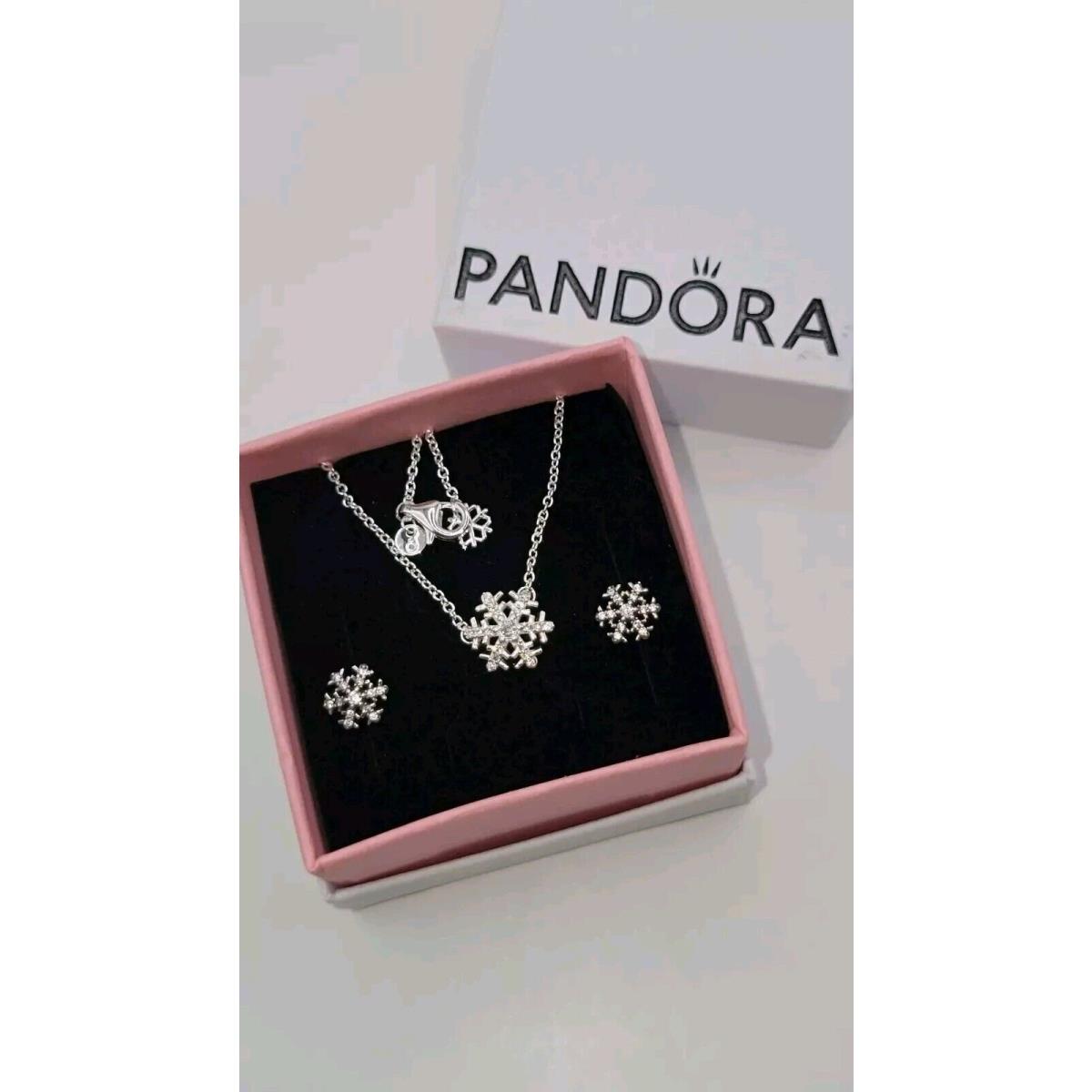 Pandora Sparkling Snowflake Pendant Necklace Earrings Gift Set