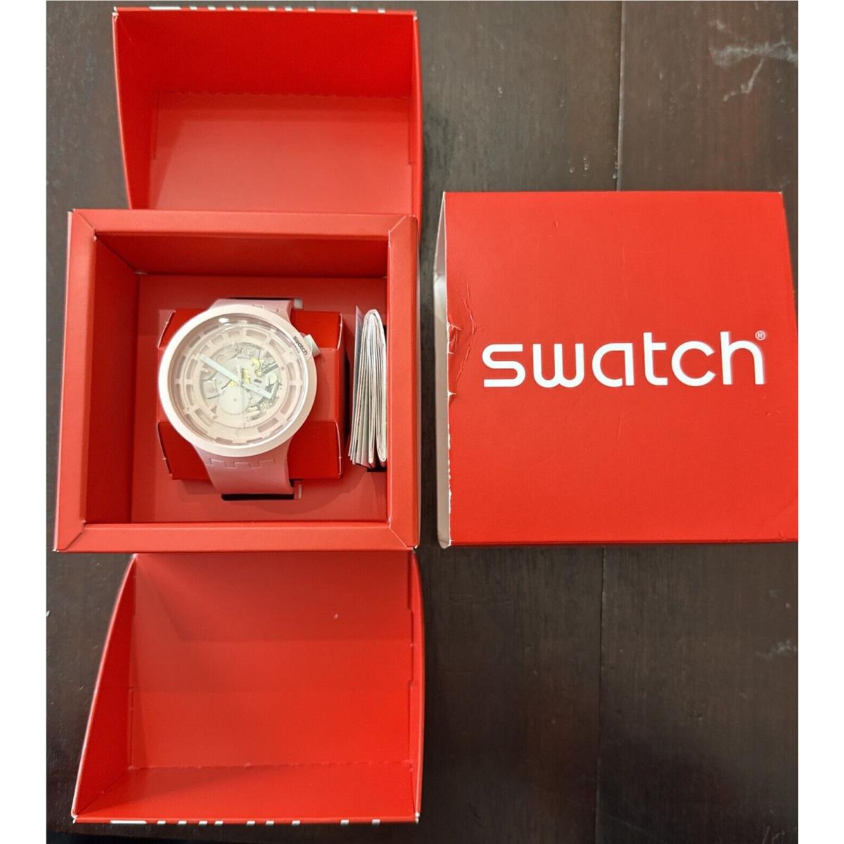 Swatch Bioceramic C-pink Quartz Unisex Watch SB03P100 - Dial: Transparent (Skeleton), Band: Pink, Bezel: Pink