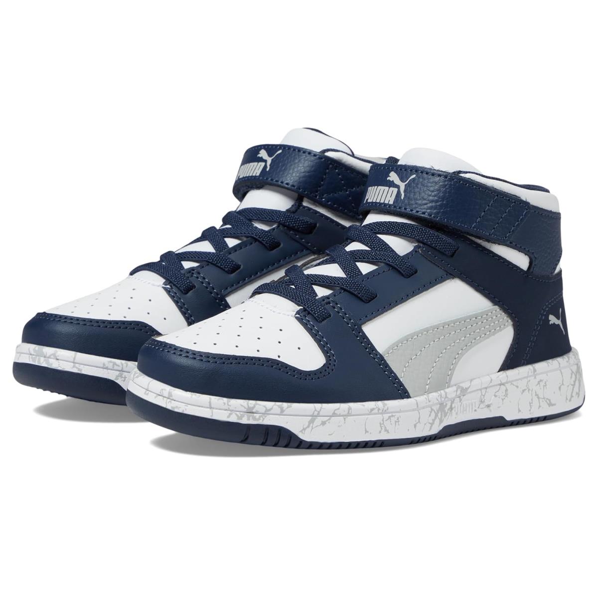 Unisex Sneakers Athletic Shoes Puma Kids Rebound Layup Marble - PUMA White-Flat Light Gray-Club Navy