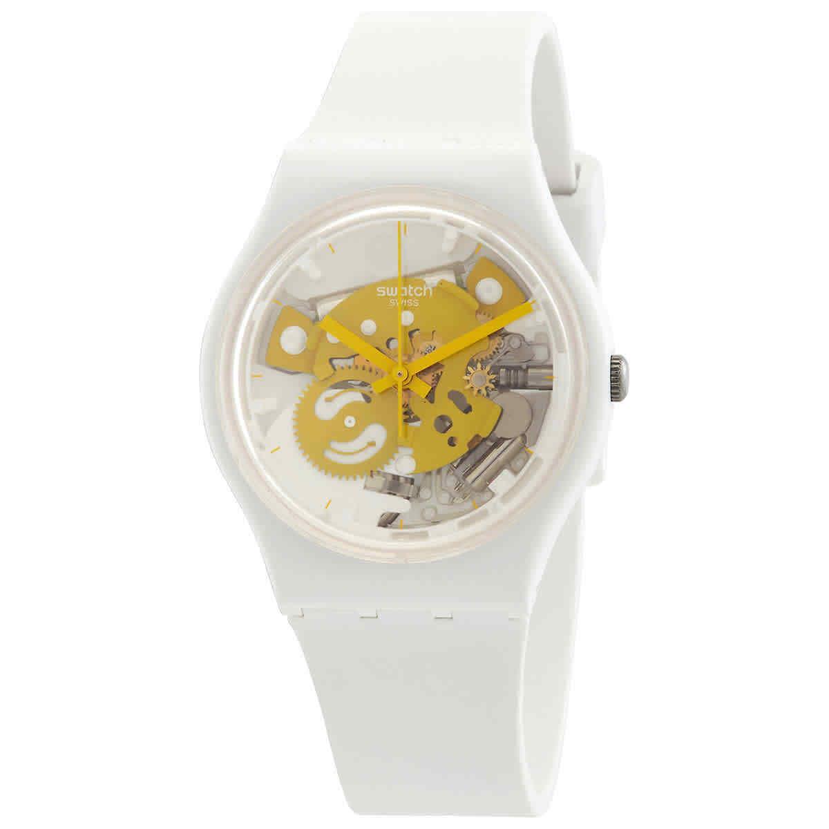 Swatch Bioceramic Time To Yellow Small Quartz White Dial Unisex Watch SO31W105 - Dial: White, Band: White, Bezel: White