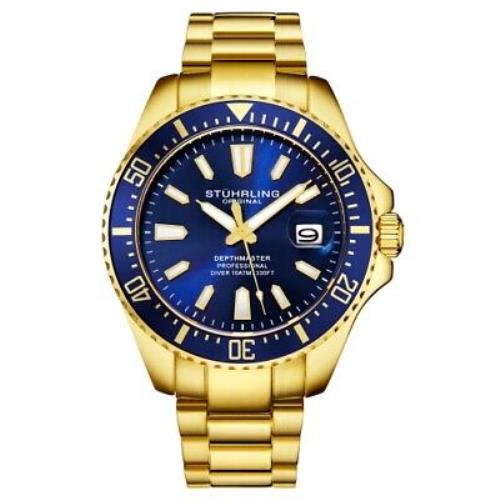 Stuhrling 3950A 8 Aquadiver Date Stainless Steel Blue Dial Mens Watch - Blue Dial, Gold Band