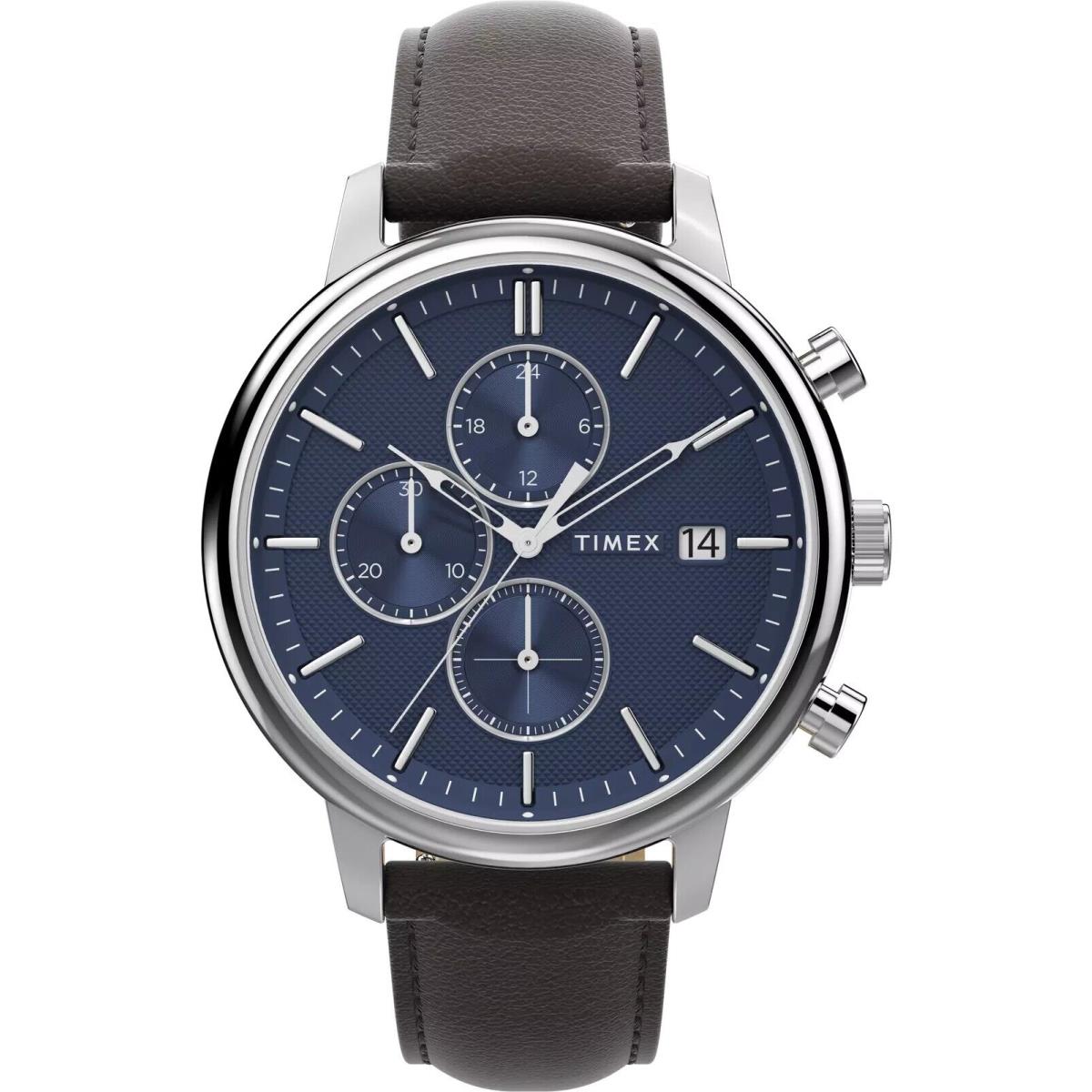 Timex Chicago Chrono Silver Tone Blue Dial Brown Leather Strap TW2W76200