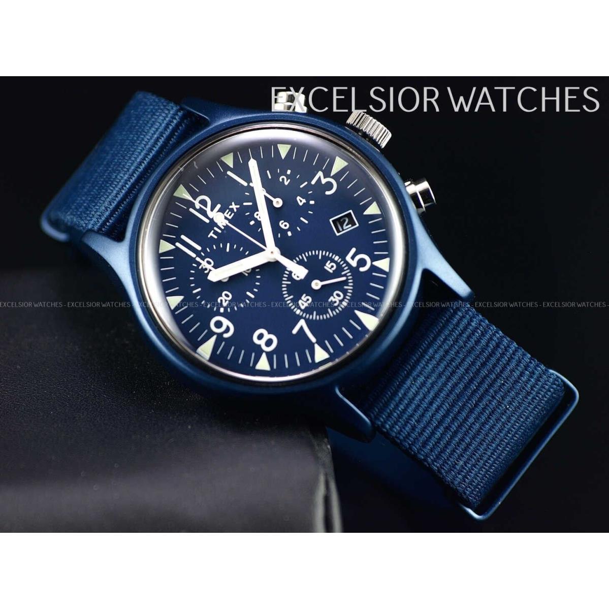 Timex MK1 Aluminum Chronograph Blue Nylon Strap Men`s Indiglo Watch