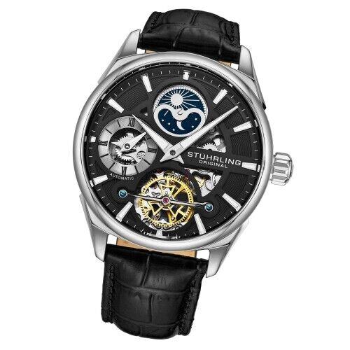 Stuhrling 3918 2 Legacy Automatic Skeleton Dual Time Am/pm Leather Mens Watch