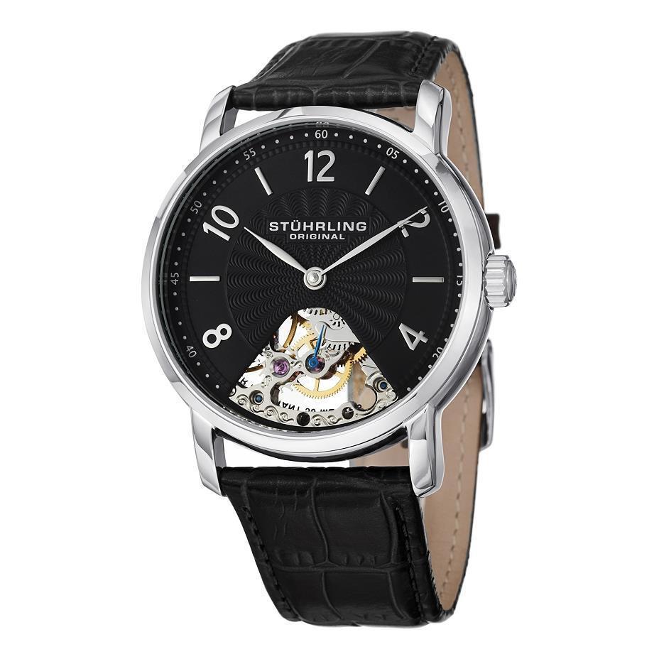 Stuhrling 927.02 927 02 Automatic Skeleton Black Leather Strap Mens Watch