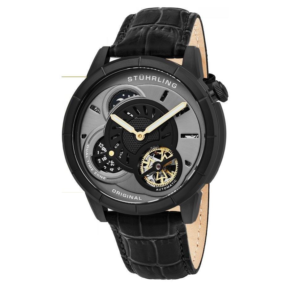 Stuhrling 686 03 Tesla Dual Time Open Heart Automatic Black Leather Mens Watch