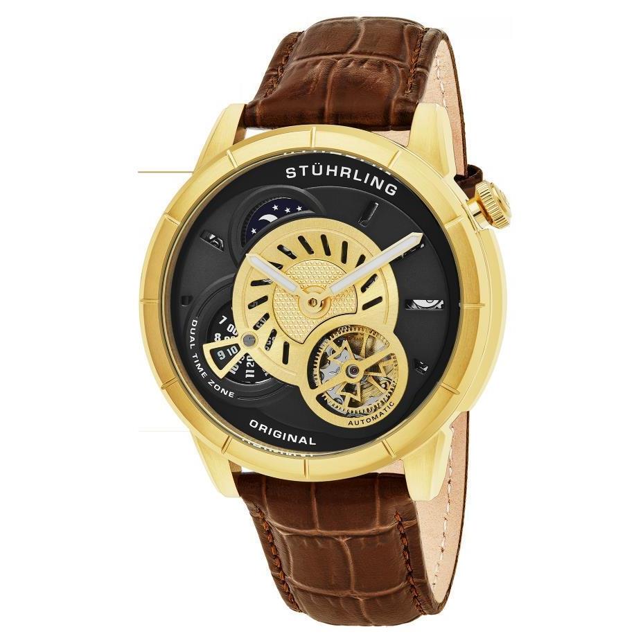 Stuhrling 686 02 Tesla Dual Time Open Heart Automatic Brown Leather Mens Watch