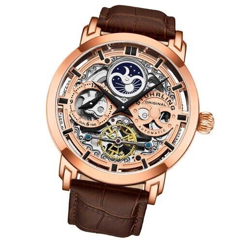 Stuhrling 3924 3 Anatol Automatic Skeleton Dual Time Am/pm Leather Mens Watch - Dial: Rose Gold, Band: Brown
