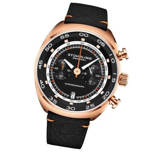 Stuhrling 1000 03 Quartz Chronograph Tachymeter Black Leather Strap Mens Watch