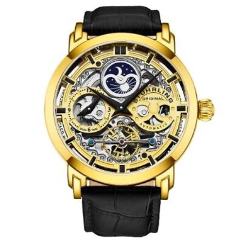 Stuhrling 3924 2 Anatol Automatic Skeleton Dual Time Am/pm Leather Mens Watch - Dial: Gold, Band: Black
