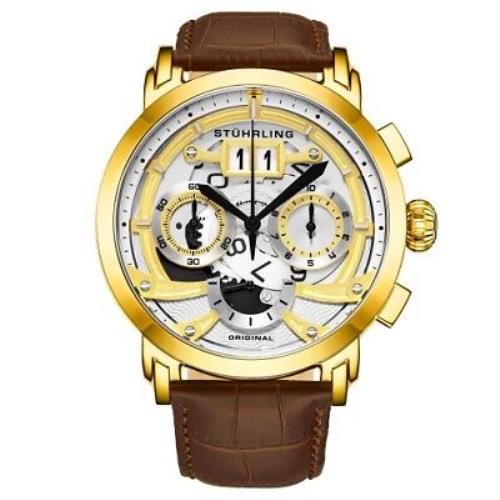 Stuhrling 926 03 Monaco Andover Chronograph Date Brown Leather Mens Watch - Black Dial, Brown Band