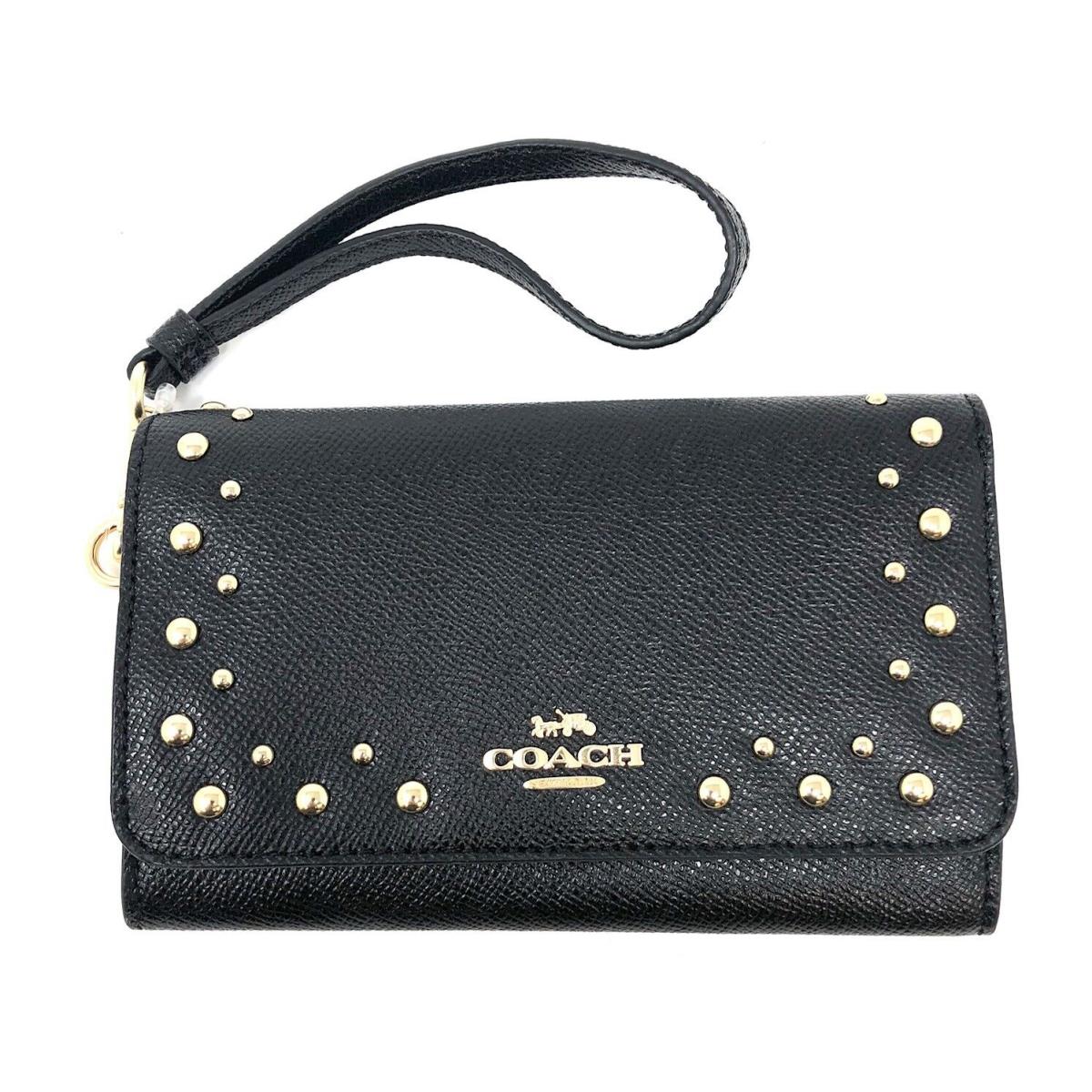 Coach Women`s Flap Phone Crossgrain Leather Wallet w/ Studs - Black