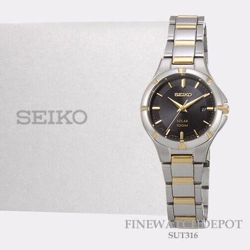 Seiko Essential Solar Black Dial Two Tone Stainless Steel Watch SUT316